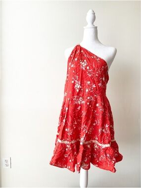 Free People Red Floral One-Shoulder Dress Size S